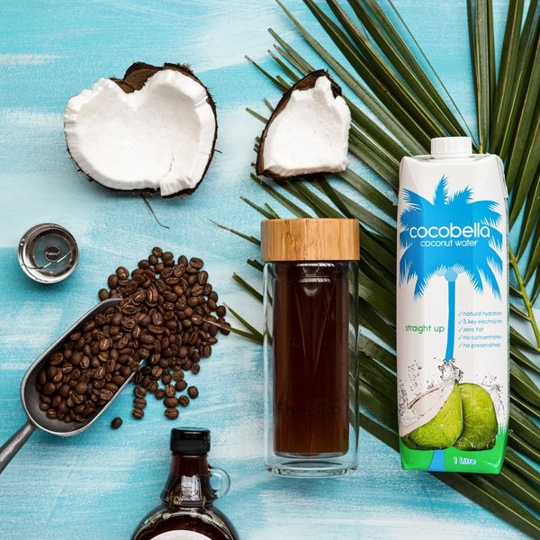 Cold brew coffee made with coconut water in RISE Fressko glass flask 