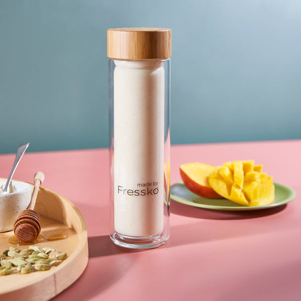 Dairy-Free Mango Lassi in Fressko glass LIFT flask